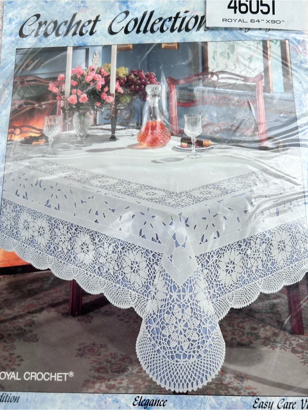 New Royal Crochet Vinyl Tablecloth 64” x 90" Oblong Easy Care Lace White